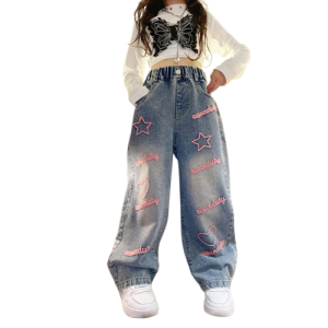 Spodnie jeans dla dziewczynki w serca luźne spodnie dziecięce 