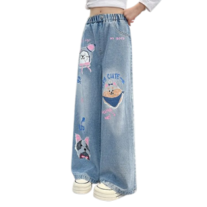 Spodnie jeans dla dziewczynki w pieski szeroka nogawka dla dzieci