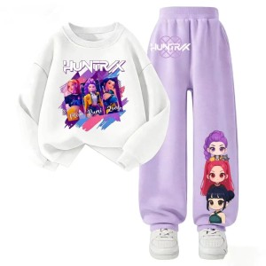 Dres Dziecięcy K-pop Demon Hunters Huntrix – Biała Bluza  i Fioletowe Spodnie Anime Rozmiary 100-160