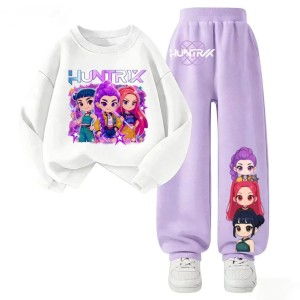 Dres Dziecięcy K-pop Demon Hunters Huntrix – Biała Bluza  i Fioletowe Spodnie Anime Rozmiary 100-160 