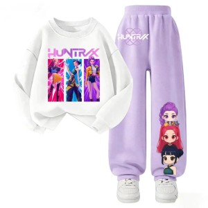Dres Dziecięcy K-pop Demon Hunters Huntrix – Biała Bluza  i Fioletowe Spodnie Anime Rozmiary 100-160