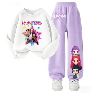 Dres Dziecięcy K-pop Demon Hunters Huntrix – Biała Bluza  i Fioletowe Spodnie Anime Rozmiary 100-160